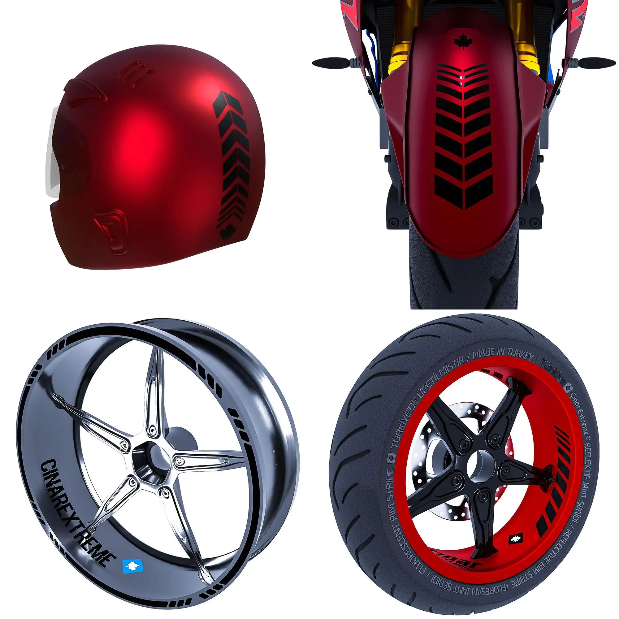 Moto Rider 4'lü Sticker Seti Jet Siyah İç Dış Jant Şeridi Kask ve Çamurluk Çınar Extreme 