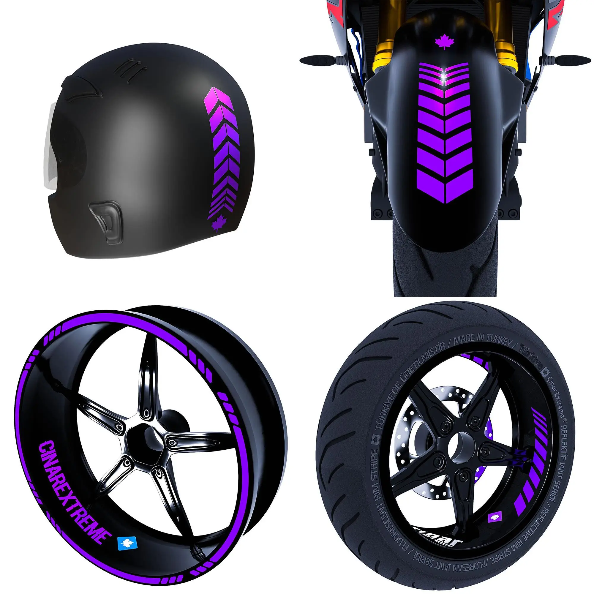 Moto Rider 4'lü Sticker Seti Patlıcan Moru İç Dış Jant Şeridi Kask ve Çamurluk Çınar Extreme 