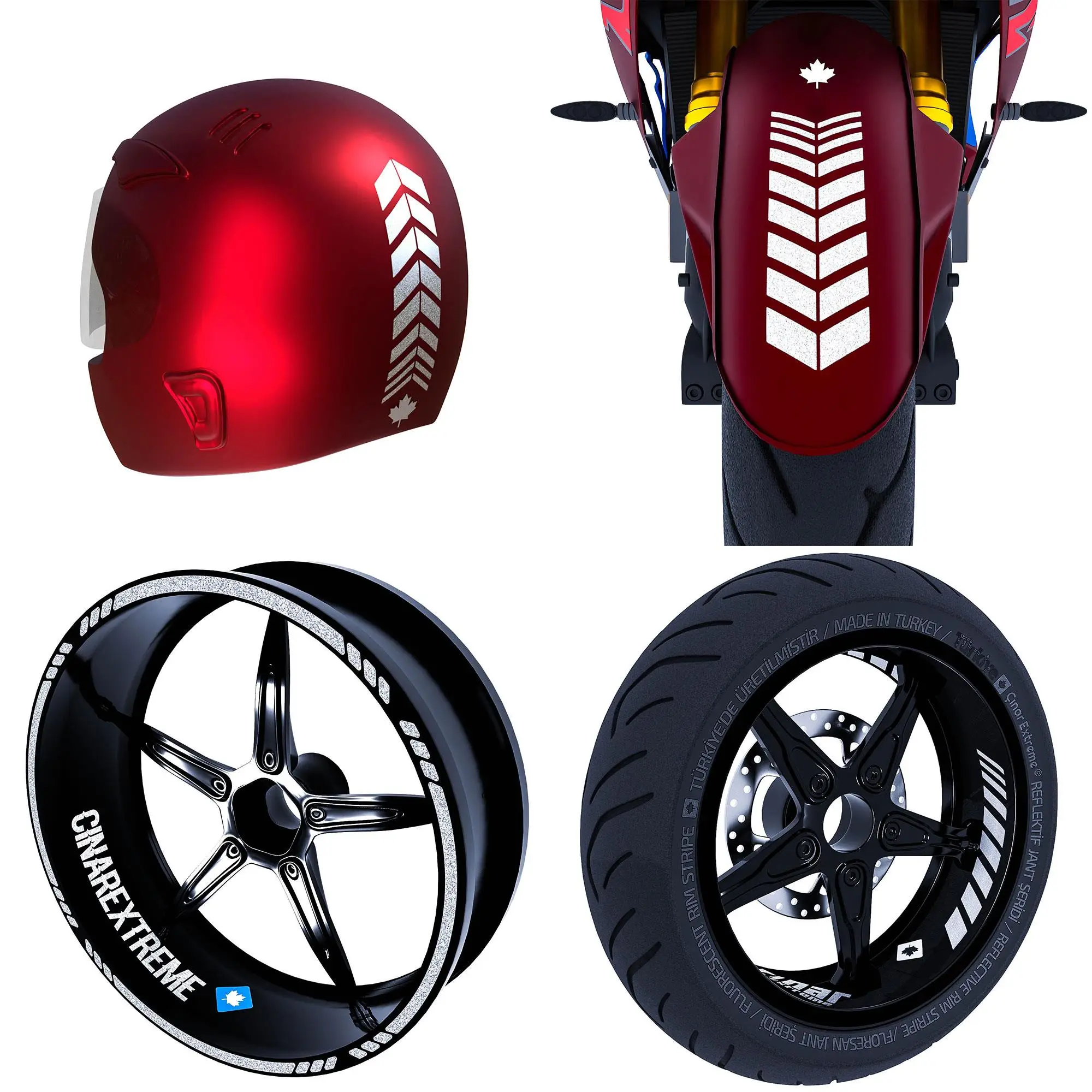 Moto Rider 4'lü Sticker Seti Reflektif Gri İç Dış Jant Şeridi Kask ve Çamurluk Çınar Extreme 