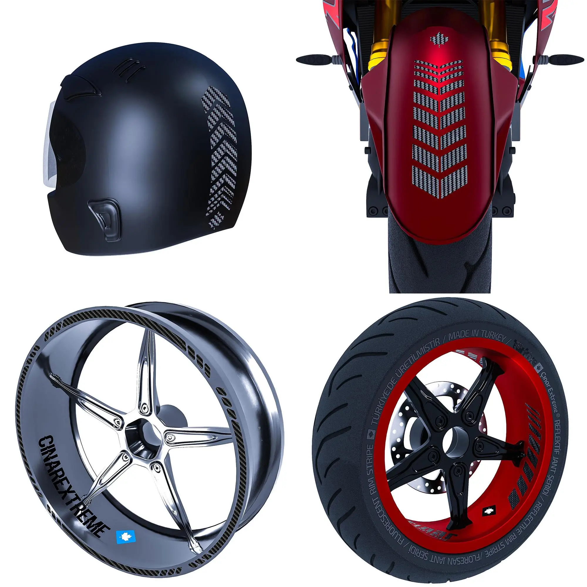 Moto Rider 4'lü Sticker Seti Siyah Karbon Fiber Dokulu İç Dış Jant Şeridi Kask ve Çamurluk Çınar Extreme 